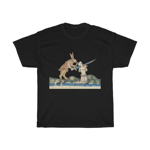 Medieval Killer Rabbit T-shirt, Dark Colors, From Medieval Manuscript, Marginalia