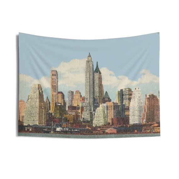 Lower Manhattan 1944, 36"x26" Indoor Wall Tapestry, Vintage Postcard, Curt Teich