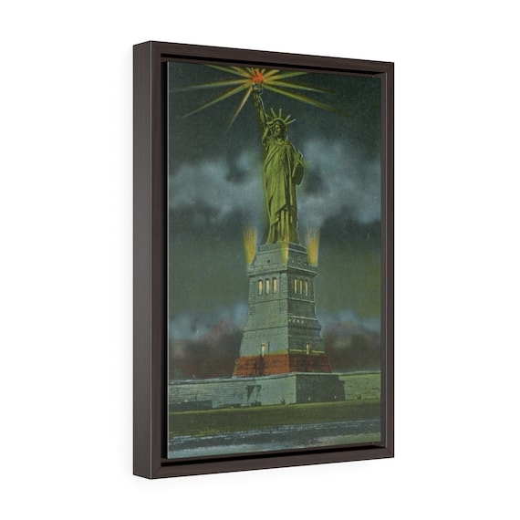 The Statue Of Liberty At Night, 12"x18" Framed Canvas Print,, Antique Postcard. Circa 1925