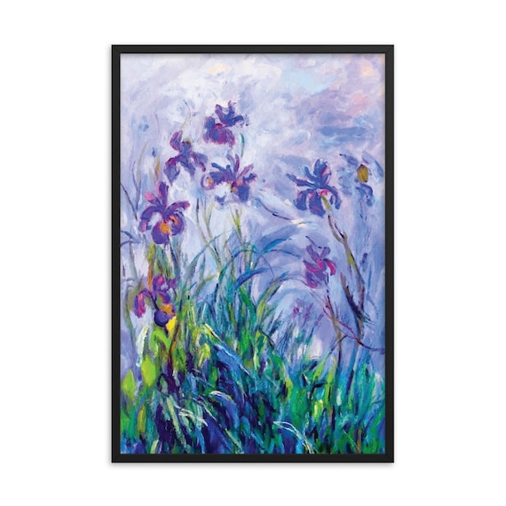 Lilac Irises 24"x36" Framed Giclée Poster, Black Wood Frame, Acrylic Covering, Claude Monet