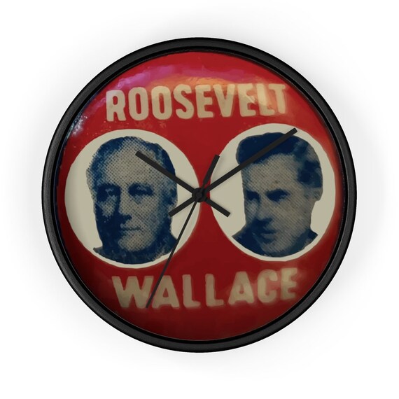 Roosevelt & Wallace, 10" Black Wall Clock, Vintage FDR Campaign Button, Democratic Socialism, Activism