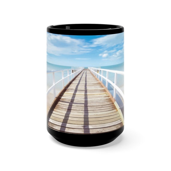 Infinity Pier Black 15oz Ceramic Mug, Boardwalk, Ocean, Beach, Horizon, Coffee, Tea