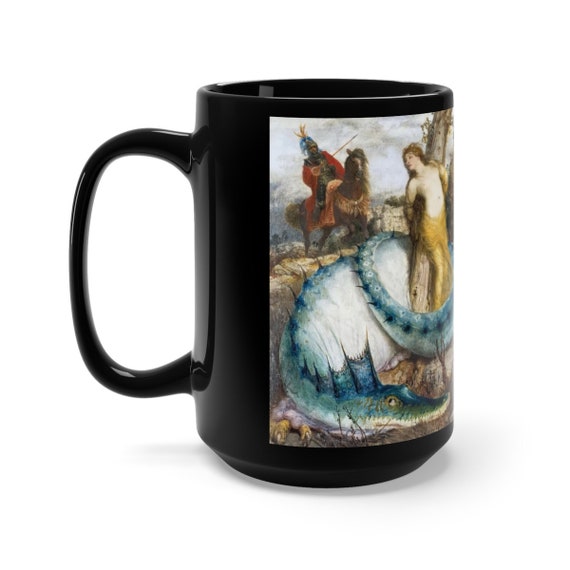 Blue Dragon, Black 15oz Ceramic Mug, Vintage Painting, Arnold Bocklin, 1873, Coffee, Tea