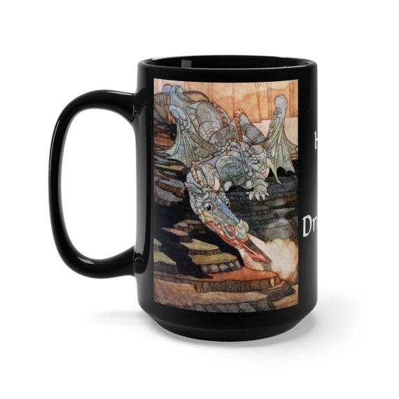 Here Be Dragons v2, Black 15oz Ceramic Mug, Vintage Art Nouveau Illustration, Coffee, Tea