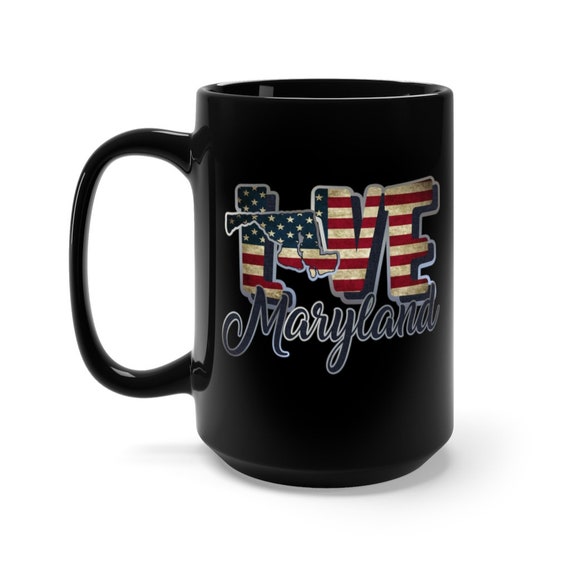 I Love Maryland, Large Black Ceramic Mug, Vintage Retro Flag, Patriotic, Patriotism, United States, Coffee, Tea