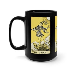 The Fool, caneca de cerâmica preta de 15 onças, carta de tarô, arcanos maiores, do baralho vintage Rider-Waite, café, chá