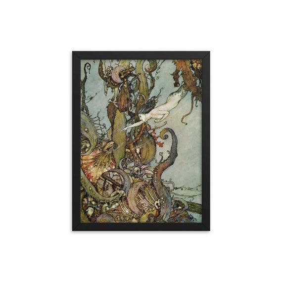 Davy Jones Locker, Framed Giclée Poster, Little Mermaid, Kraken, Vintage Illustration, Edmund Dulac, 1911, Wall Decor, Room Decor