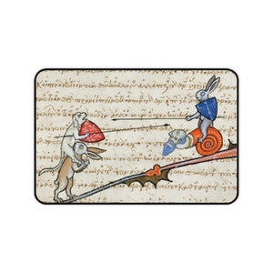 May include: A medieval illustration depicting a battle between two rabbits riding on a dog and a snail. The rabbit on the snail is wearing blue armor and holding a spear. The rabbit on the dog is holding a shield. The background is a page of text.