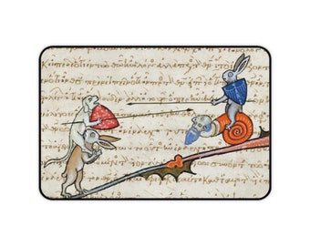 Medieval Jousting Rabbit, 18"x12" Desk Mat, Marginalia From Medieval Manuscript, Historical