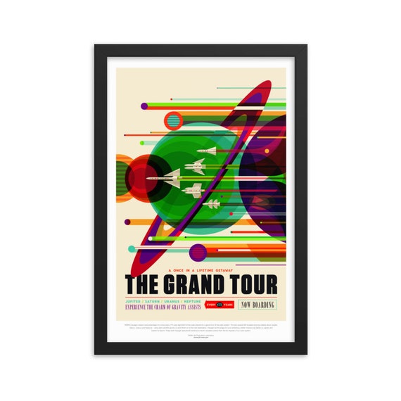 Voyager's Grand Tour, 12" x18" Framed Giclée Poster, Black Wood Frame, Acrylic Covering, Fake Vintage/Retro Style NASA Travel Poster