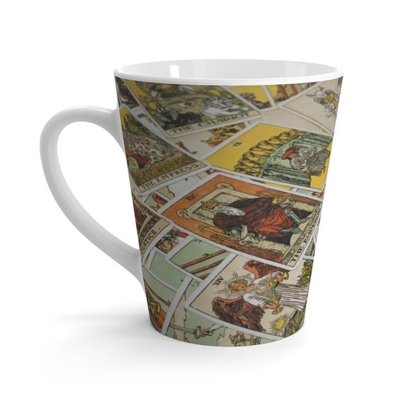 Tarot Card Latte Mug Focusing On Wheel Of Fortune, Major & Minor Arcana From A Vintage Rider-Waite Deck, Coffee, Tea