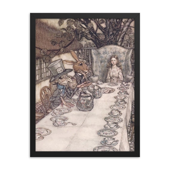 Alice At The Tea Party, 18" x 24" Framed Giclée Poster, Black Wood Frame, Acrylic Covering, Arthur Rackham, Alice In Wonderland