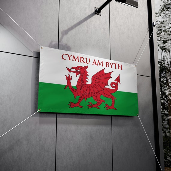 Outdoor Vinyl Banner, 48"x24", Flag Of Wales With Welsh Motto, Cymru Am Byth, Red Dragon, Welsh Pride