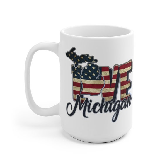 I Love Michigan, Large White Ceramic Mug, Vintage Retro Flag, Patriotic, Patriotism, United States, Coffee, Tea