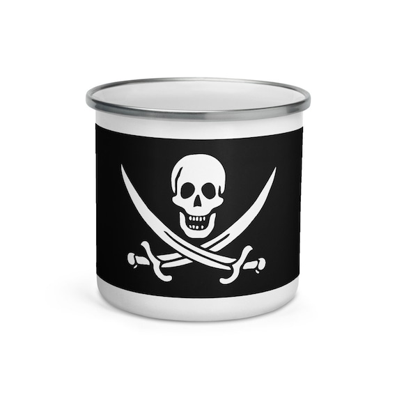 Skull & Crossed Cutlasses, Enamel Mug, Camp Mug, Pirate Flag, Jolly Roger, Outdoor, Coffee, Tea