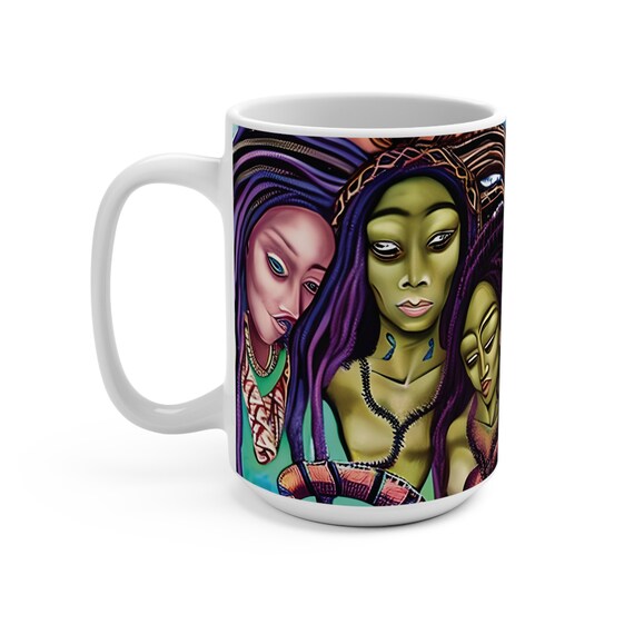 Earth Goddesses Series, #5 of 10, White 15oz Ceramic Mug, Surreal, Tribal, Primitive, Pagan, Animist, Spirit, Spiritual, Colorful