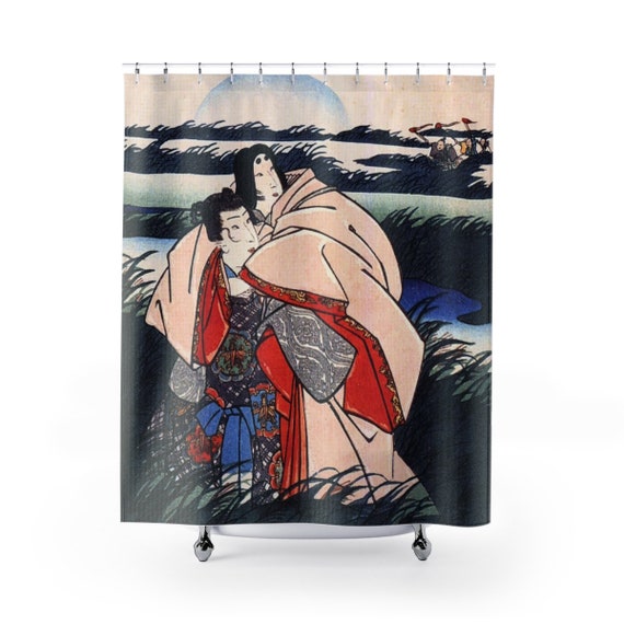 Fleeing Through Rice Field, Shower Curtain, Vintage, Antique Japanese Woodblock Print