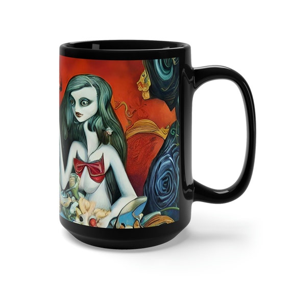 Alice At The Tea Party, Black 15oz Ceramic Mug, White Rabbit, Surreal, Wonderland