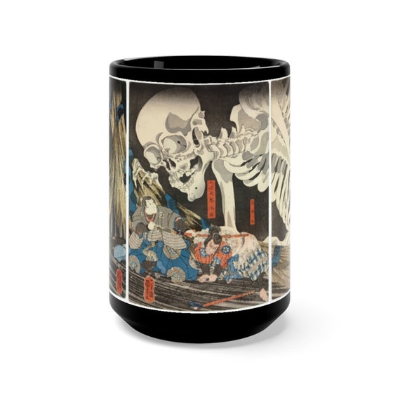 The Witch And The Skeleton Specter Large Black Ceramic Mug, Vintage Japanese Woodcut