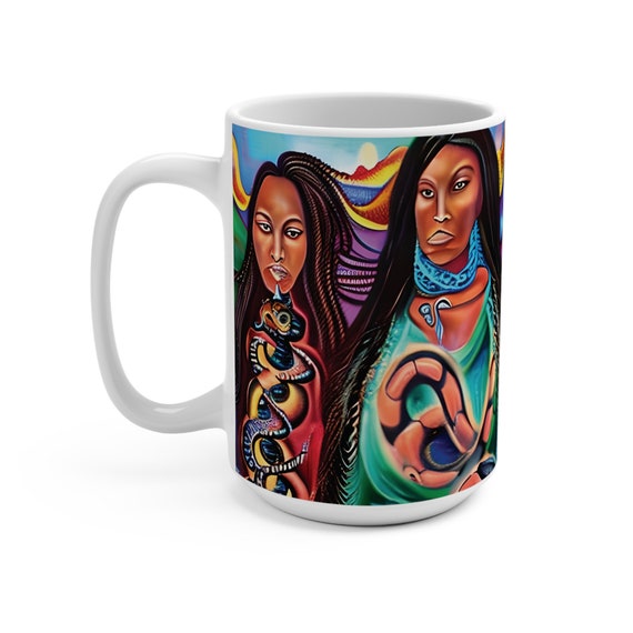 Earth Goddesses Series, #10 of 10, White 15oz Ceramic Mug, Surreal, Tribal, Primitive, Pagan, Animist, Spirit, Spiritual, Colorful