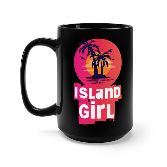 Island Girl 15oz Black Ceramic Mug, Vintage Retro Design, Coffee, Tea