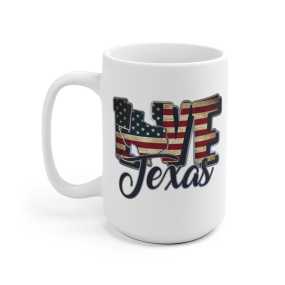 I Love Texas, Large White Ceramic Mug, Vintage Retro Flag, Patriotic, Patriotism, United States, Coffee, Tea