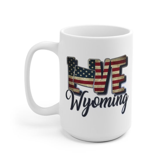 I Love Wyoming, Large White Ceramic Mug, Vintage Retro Flag, Patriotic, Patriotism, United States, Coffee, Tea