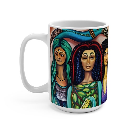 Earth Goddesses Series, #3 of 10, White 15oz Ceramic Mug, Surreal, Tribal, Primitive, Pagan, Animist, Spirit, Spiritual, Colorful