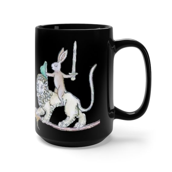 Medieval Rabbit Vs Snail Man Black 15oz Ceramic Mug, From Medieval Manuscript, Marginalia, Coffee, Tea