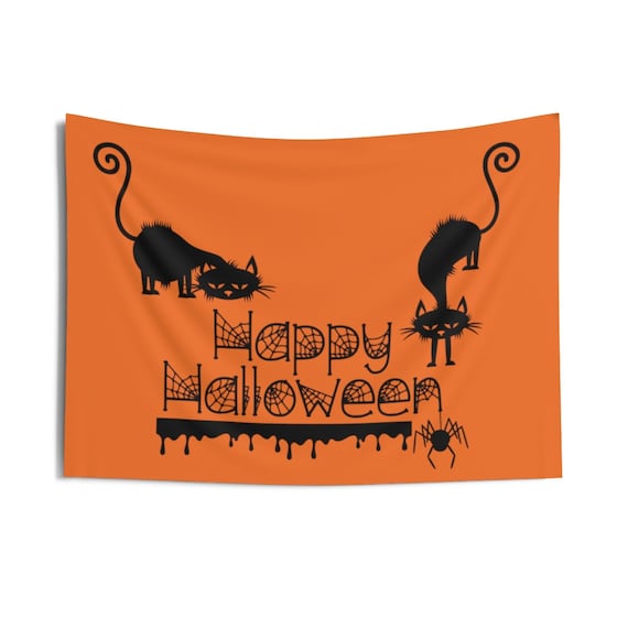 Happy Halloween Sign Indoor Wall Tapestry, 36"x26", Black Cat, Spider, Spider Web, Dripping Blood, Wall Decor, Room Decor