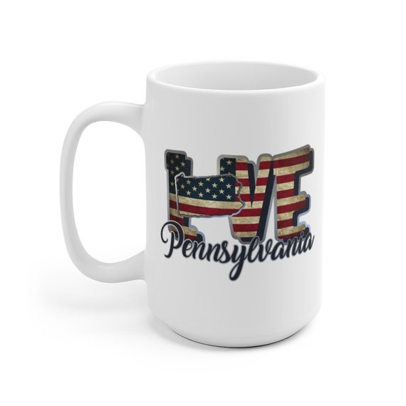 I Love Pennsylvania, Large White Ceramic Mug, Vintage Retro Flag, Patriotic, Patriotism, United States, Coffee, Tea