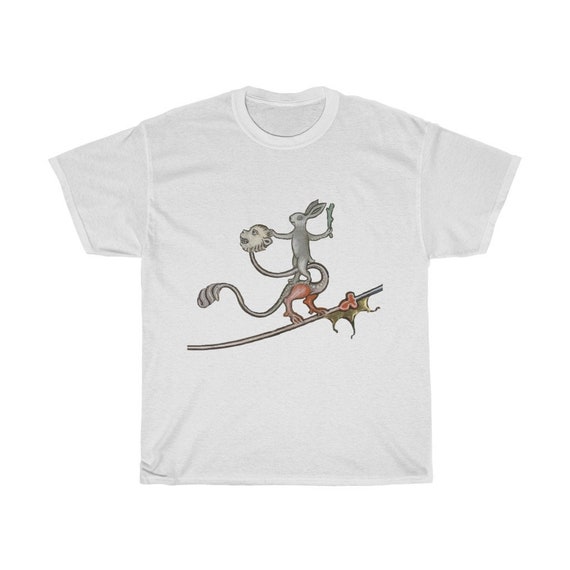 Medieval Rabbit Rides Monkey Dragon T-shirt, Light Colors, From A Medieval Manuscript, Marginalia