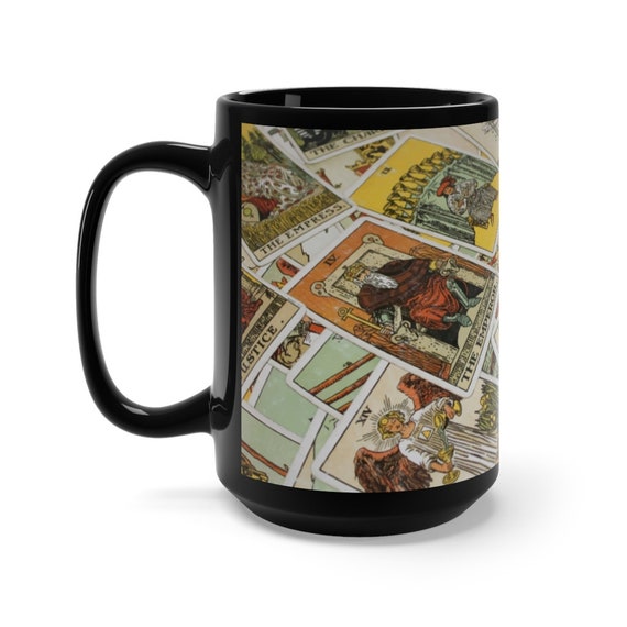 Tarot Card 15oz Black Ceramic Mug Focusing On Wheel Of Fortune, Major & Minor Arcana From A Vintage Rider-Waite Deck, Coffee, Tea