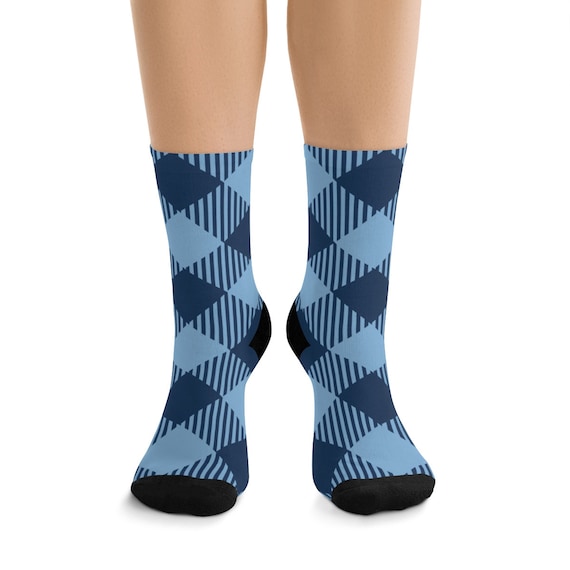 Blue Diagonal Checkered Premium Crew Socks, One Size Fits Most