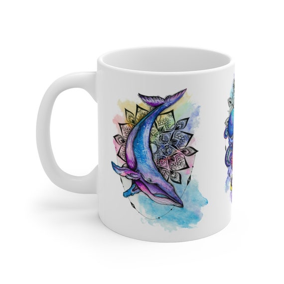 Watercolor Sea Creatures White Ceramic Mug, Whale, Octopus, Seahorse, Coffee, Tea