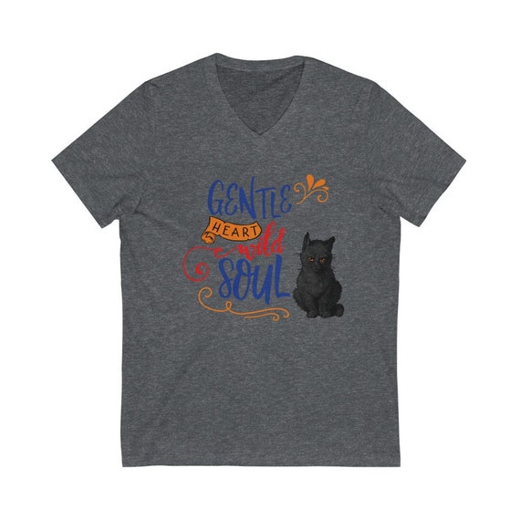 Gentle Heart Wild Soul, Dark Gray Heather Short Sleeve Jersey V-Neck Tee, Black Cat