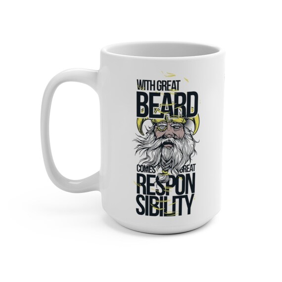 With Great Beard Comes Great Responsibility, White 15oz Ceramic Mug, Vintage Inspired Image Of Norse God Odin.