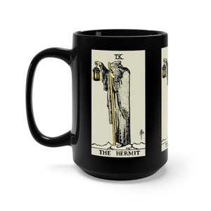 El ermitaño, negro 15oz taza de cerámica, tarot carta, mayor Arcana, de Vintage Rider-Waite Deck, café, té