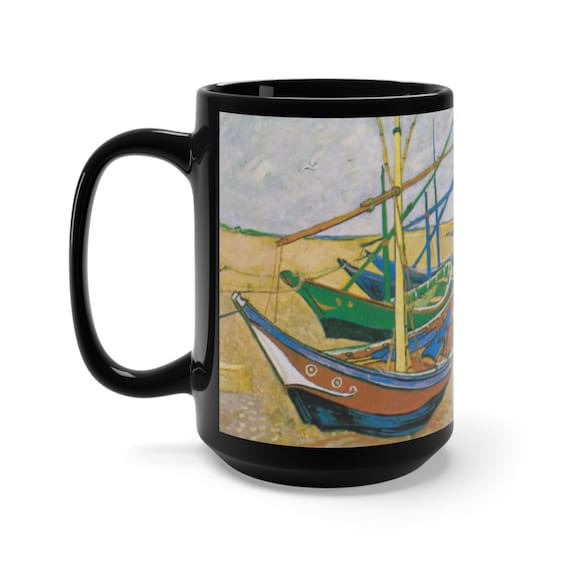 Fishing Boats On The Beach Black 15oz Ceramic Mug, Vincent Van Gogh, Coffee, Tea