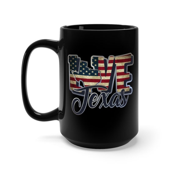 I Love Texas, Large Black Ceramic Mug, Vintage Retro Flag, Patriotic, Patriotism, United States, Coffee, Tea