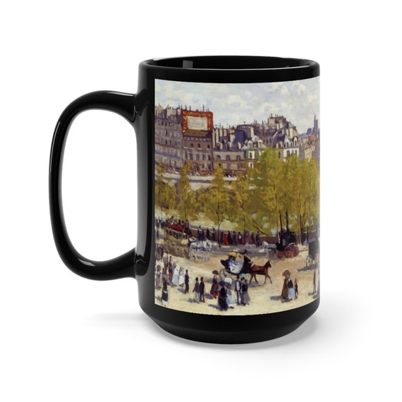 Quai du Louvre Large Black Ceramic Mug, Claude Monet, Victorian Paris, Coffee, Tea