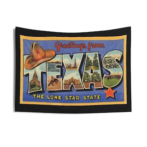 Saudações do Texas, tapeçaria de parede interna de 36 "x 26", cartão postal vintage de 1938, decoração de parede, decoração de quarto