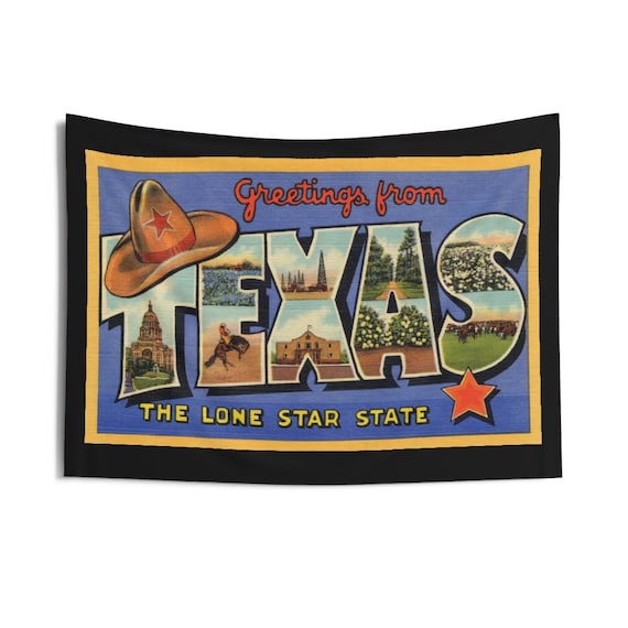 Greetings From Texas, 36"x26" Indoor Wall Tapestry, Vintage Postcard From 1938, Wall Decor, Room Decor