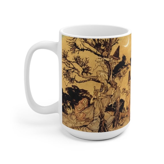 Black Cats & Witches, Large White Ceramic Mug, Halloween, Vintage Illustration, Arthur Rackham, 1920, Witchcraft, Coffee, Tea