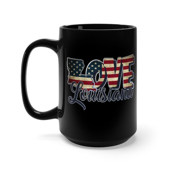 I Love Louisiana, Large Black Ceramic Mug, Vintage Retro Flag, Patriotic, Patriotism, United States, Coffee, Tea