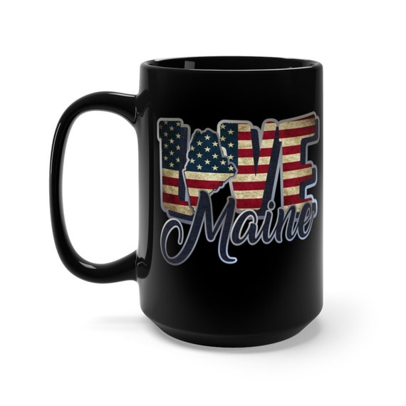 I Love Maine, Large Black Ceramic Mug, Vintage Retro Flag, Patriotic, Patriotism, United States, Coffee, Tea