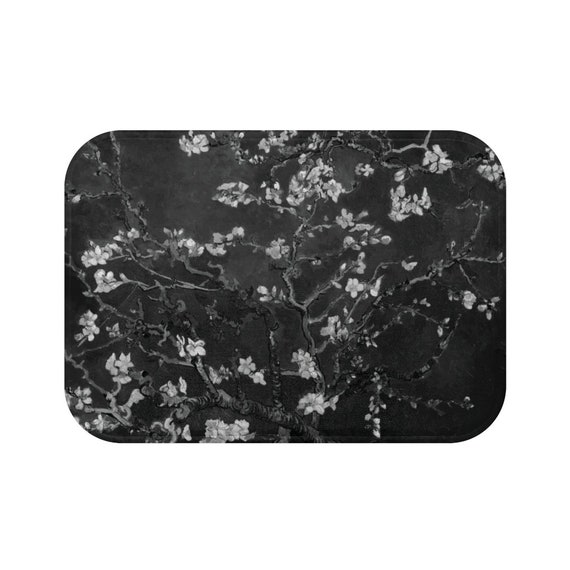 Almond Blossoms On Black Microfiber Bath Mat, Vincent Van Gogh, 1890