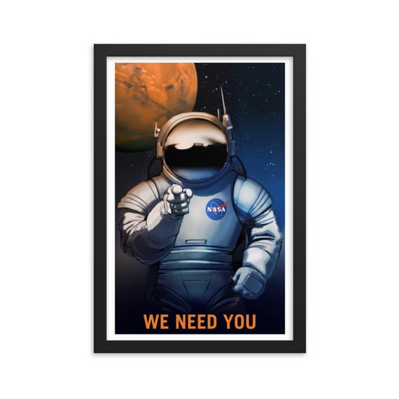 We Need You For Mars, 12" x18" Framed Giclée Poster, Black Wood Frame, Acrylic Covering, Fake Vintage/Retro Style NASA Recruitment Poster