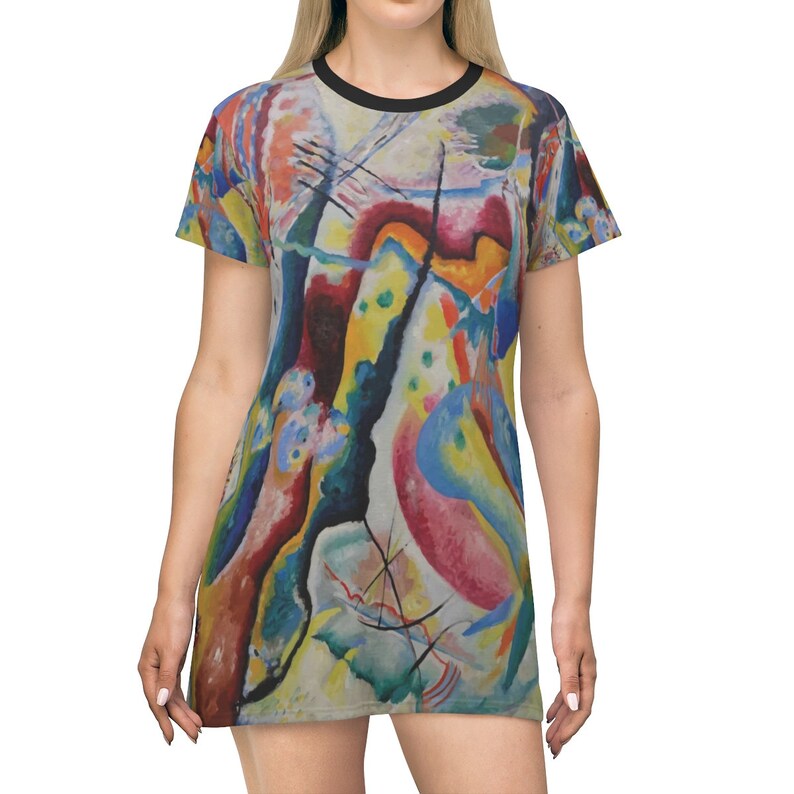 Long T-shirt AOP T-shirt Dress Comfy Sleep Shirt Long Flared Top Wassily Kandinsky Abstract Painting Red Chalkboard