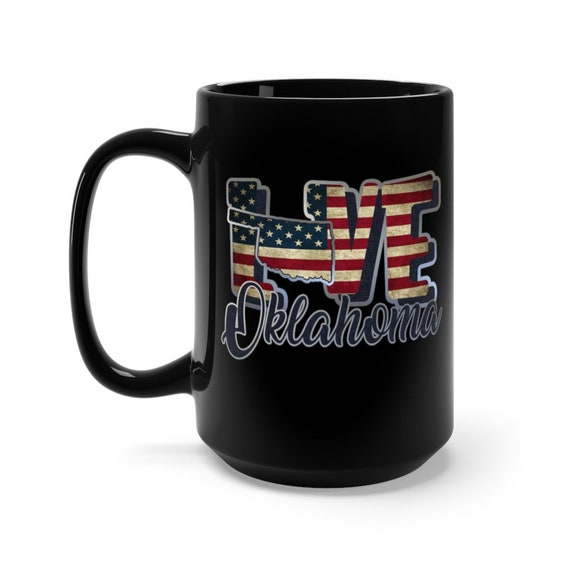 I Love Oklahoma, Large Black Ceramic Mug, Vintage Retro Flag, Patriotic, Patriotism, United States, Coffee, Tea